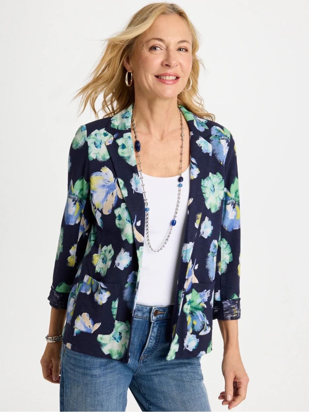 Chico's Navy Slub Knit Blazer Floral Print Jacket Cardigan 3 XL Pockets Office